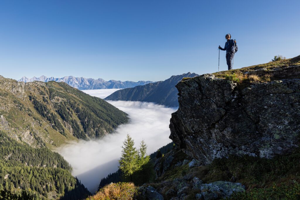 The valley towards Schladming and the Dachstein mountains, covered in clouds.