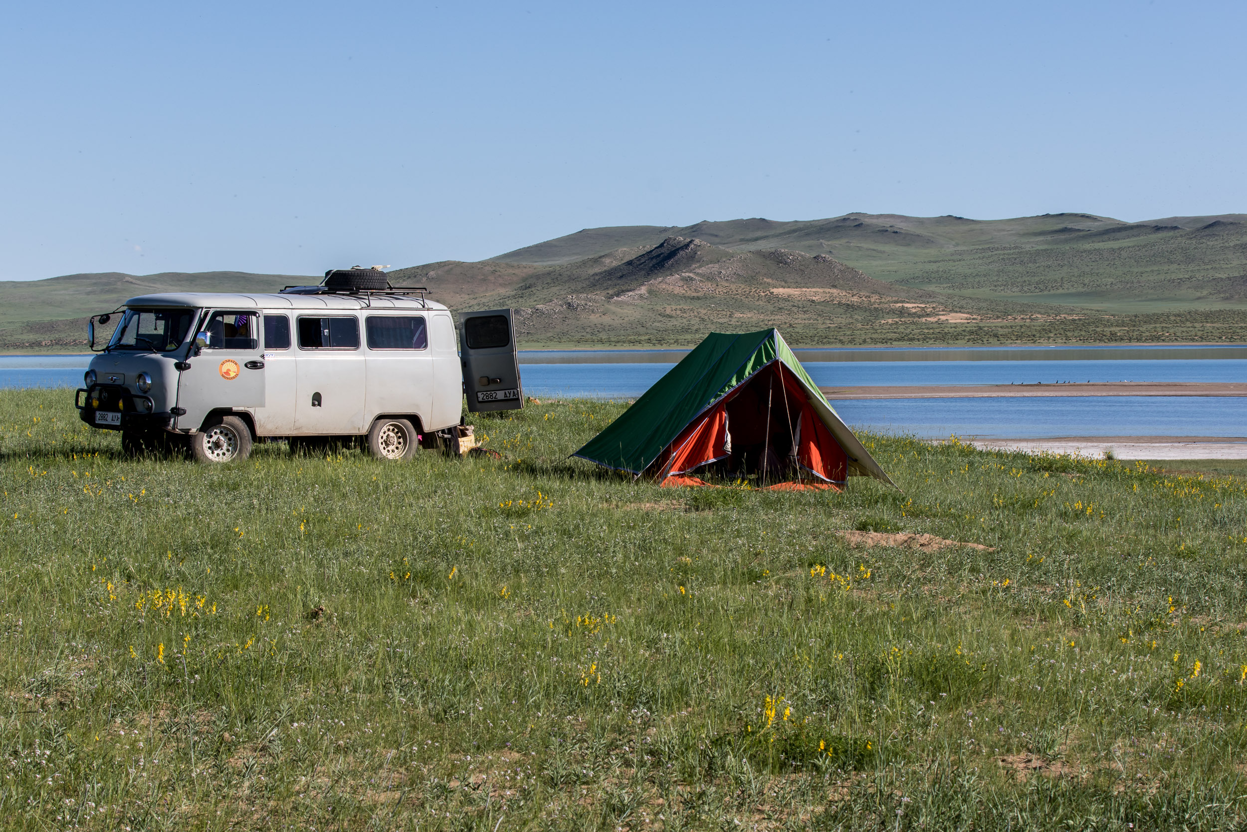 Wild camping at Telmen Lake in western Mongolia